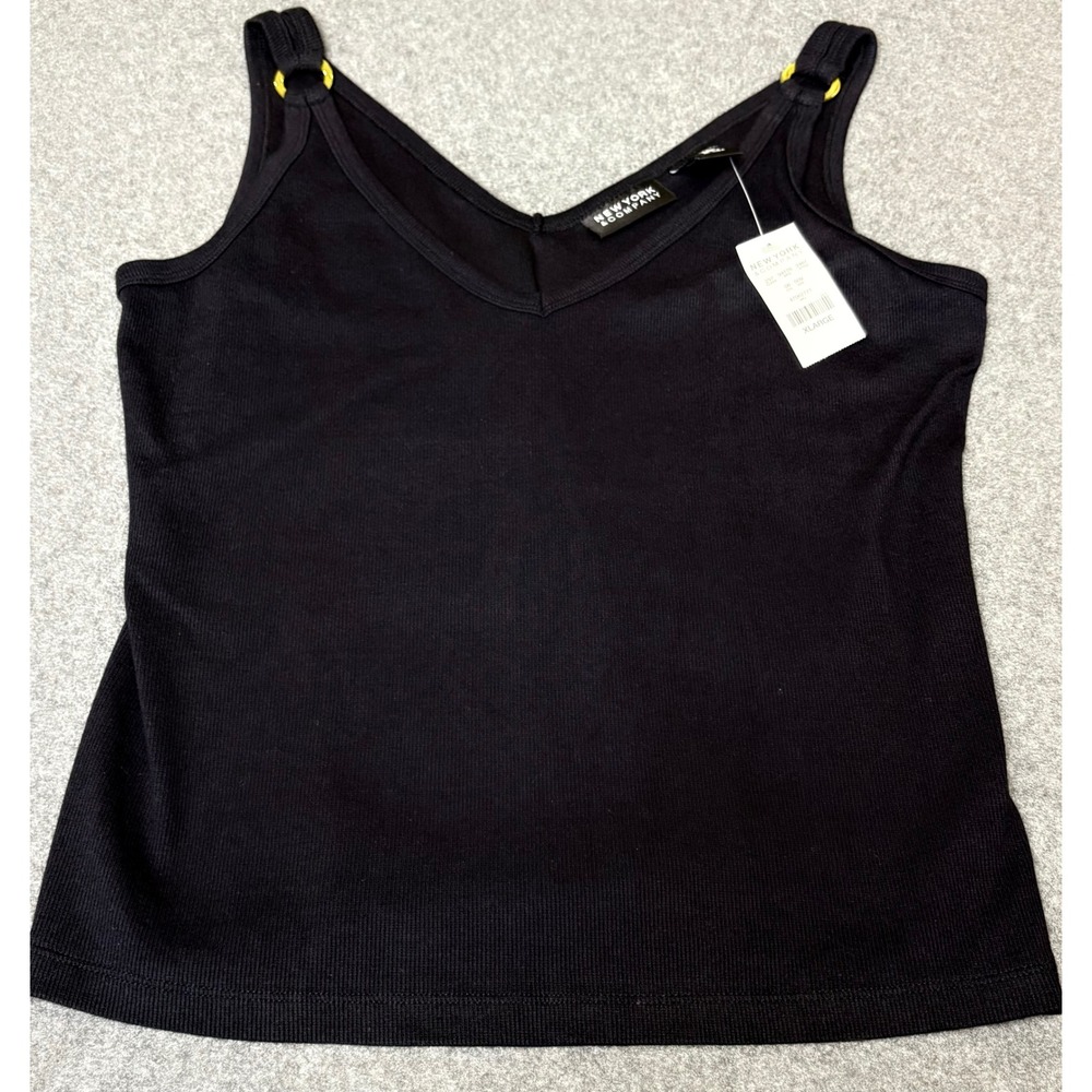 New York & Company Womens Black Ribbed V-Neck Tank Top Gold Ring Detail XL NWT